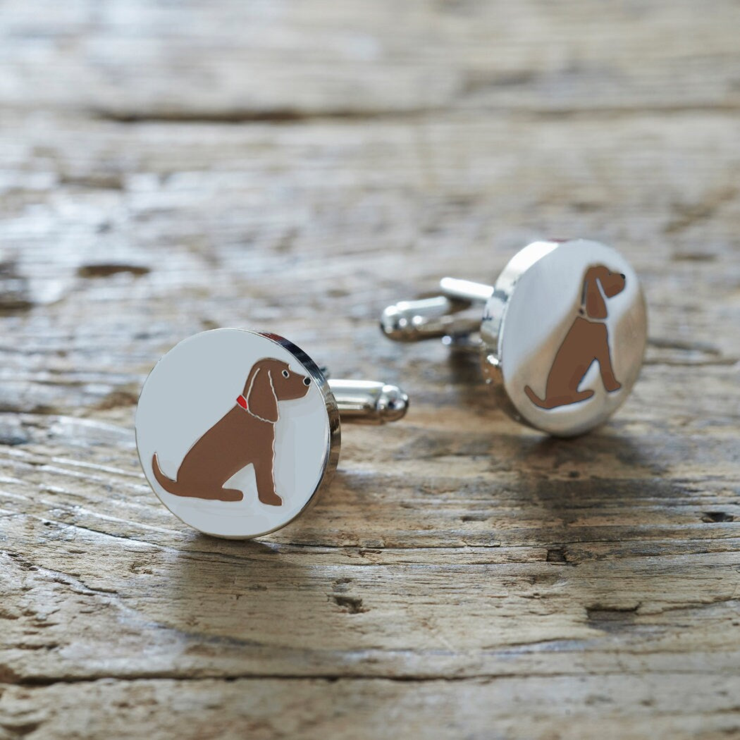 Chocolate Cocker Spaniel cufflinks on rustic wood — silver-plated with illustrated Chocolate Cocker Spaniel design, dog lover gift by Sweet William Designs