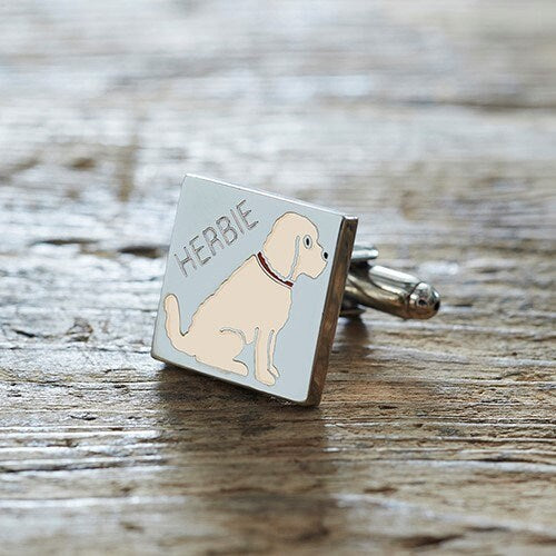 Close-up of personalised Apricot Cockapoo / Labradoodle cufflink engraved with name — silver-plated brass, thoughtful gift for Cockapoo owners
