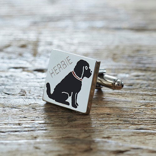 Close-up of personalised Black Cockapoo / Labradoodle cufflink engraved with name — silver-plated brass, thoughtful gift for Cockapoo owners