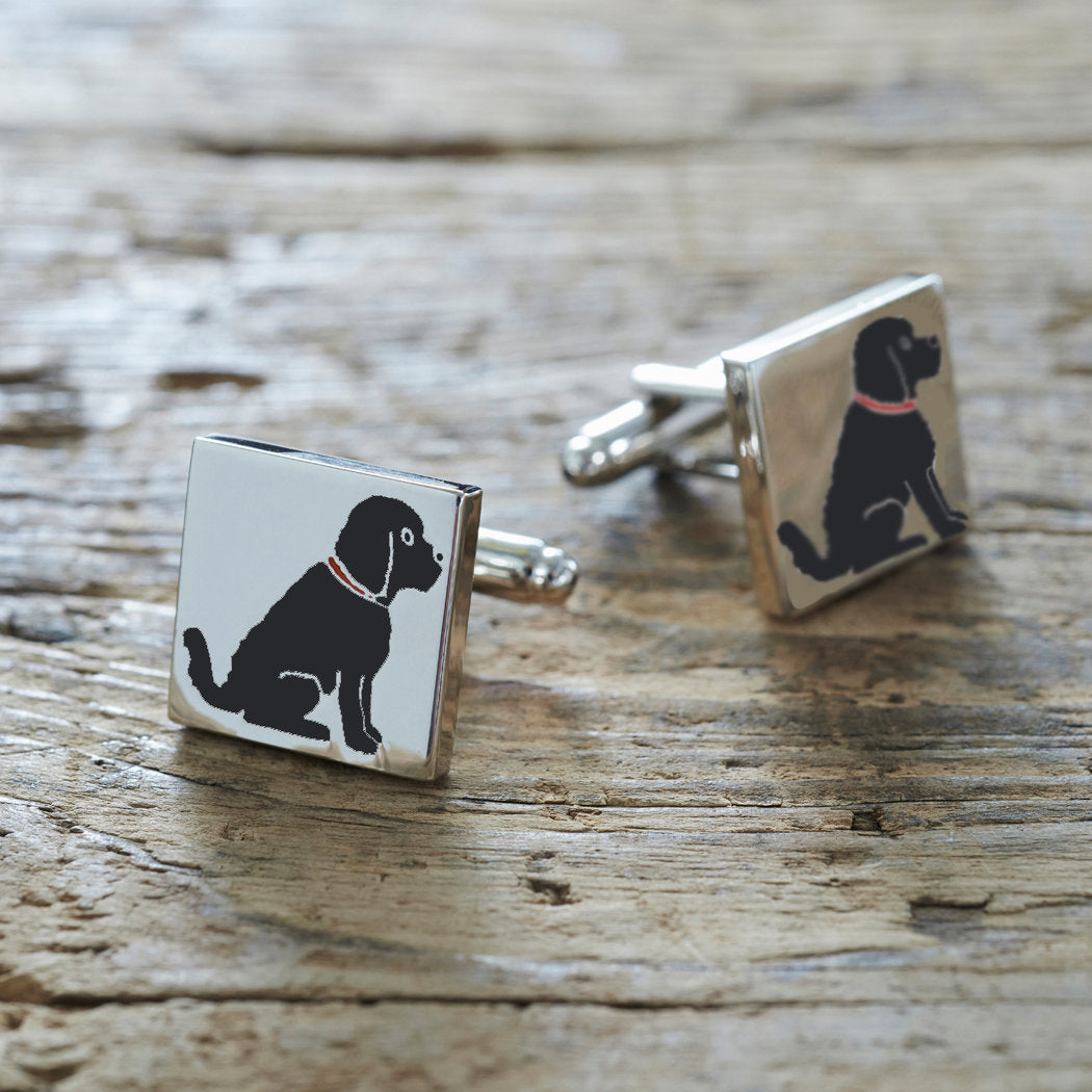 Black Cockapoo / Labradoodle cufflinks on rustic wood — silver-plated with illustrated Black Cockapoo design, dog lover gift by Sweet William Designs