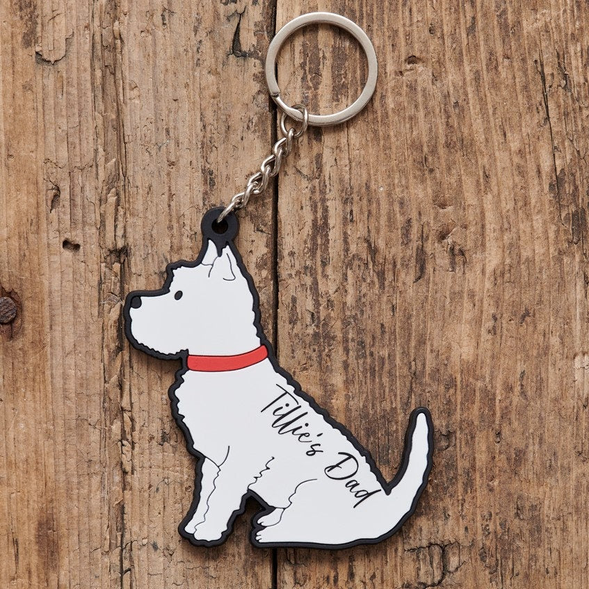 Westie keyring shown on keys — double-sided PVC dog keyring, ideal gift for West Highland Terrier lovers