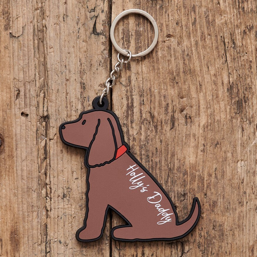 Chocolate Cocker Spaniel keyring on bag — double-sided PVC charm, ideal personalised gift for Cocker Spaniel lovers