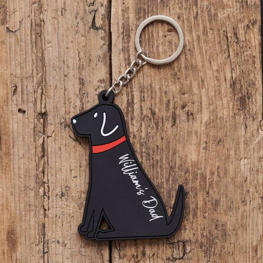 Black Labrador keyring flat lay — personalised PVC keyring, ideal gift for dog lovers