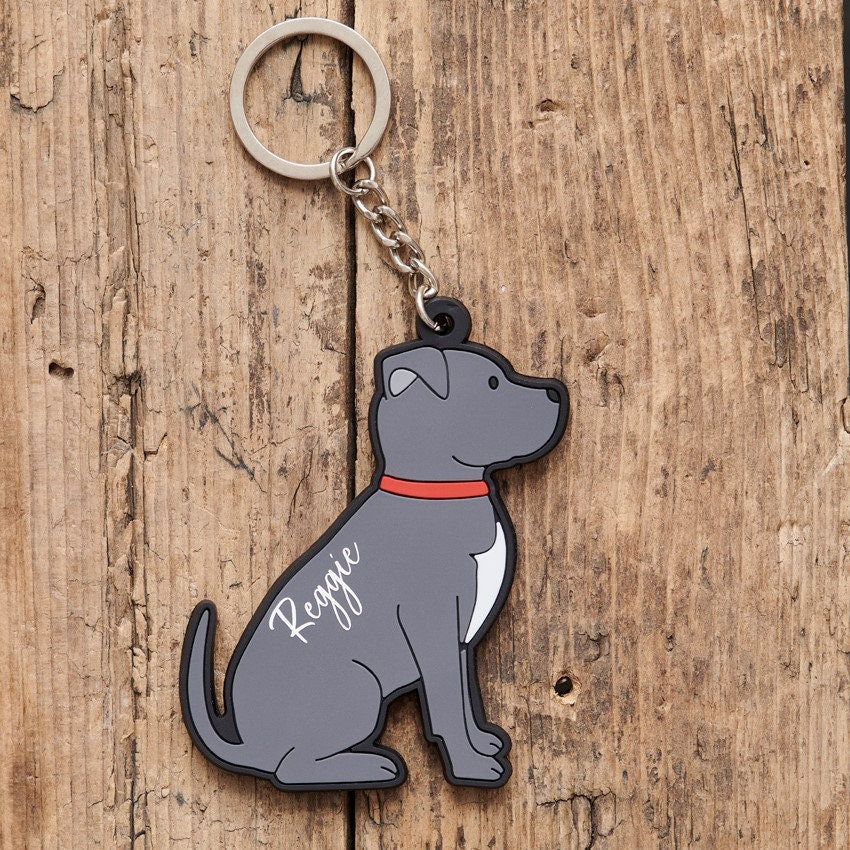 Personalised Staffie keyring with name engraving — thoughtful gift for Staffie owners