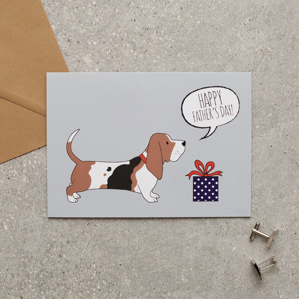 Basset Hound Father's Day card — illustrated dog with gift and 'Happy Father's Day' message, dog lover gift by Sweet William Designs