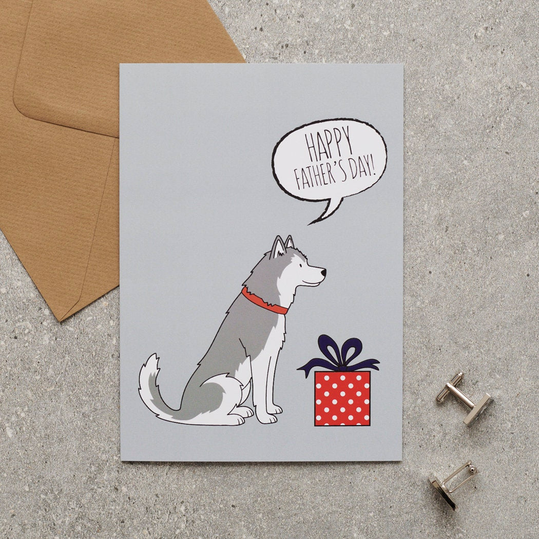 Husky / Alaskan Malamute Father's Day card — illustrated dog with gift and 'Happy Father's Day' message, dog lover gift by Sweet William Designs