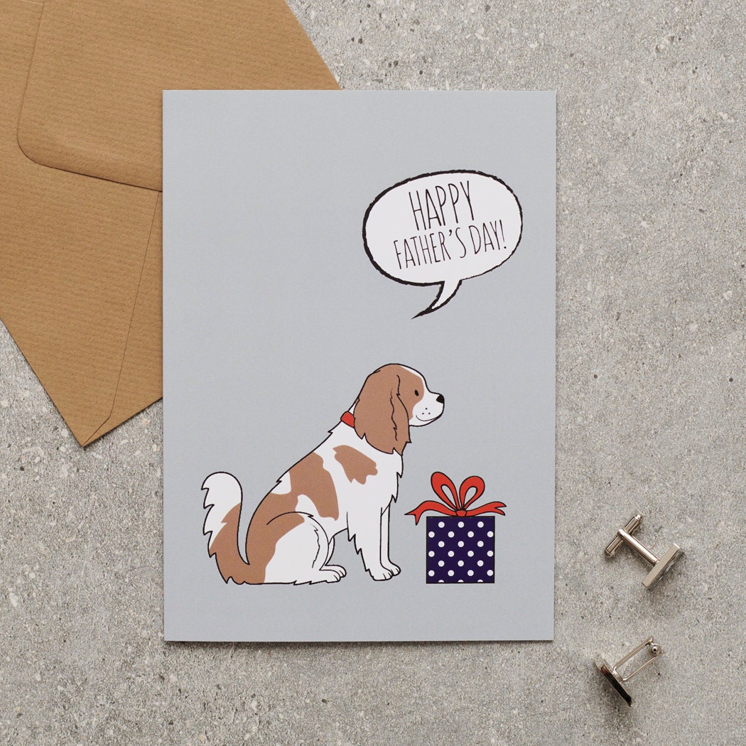 Cavalier King Charles Spaniel Father's Day card — illustrated dog with gift and 'Happy Father's Day' message, dog lover gift by Sweet William Designs