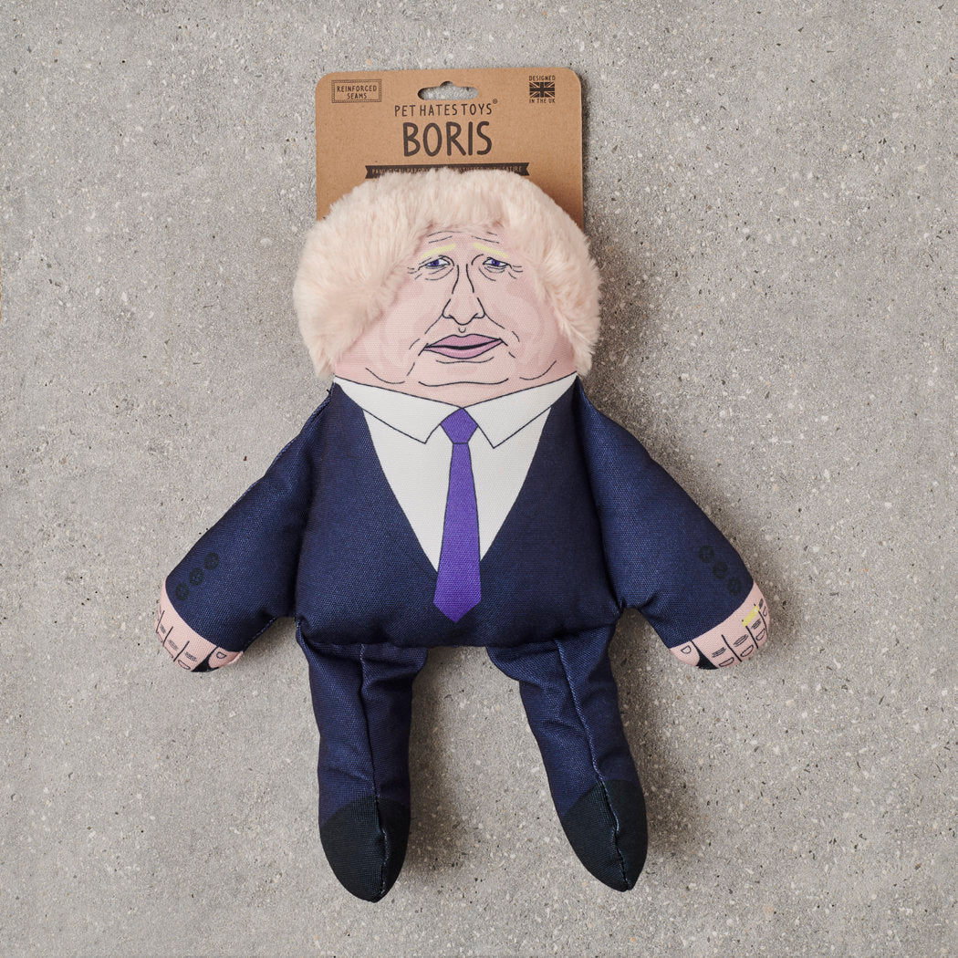 Boris Johnson parody dog toy in navy suit with blonde hair — funny squeaky dog toy, political satire gift for dog lovers