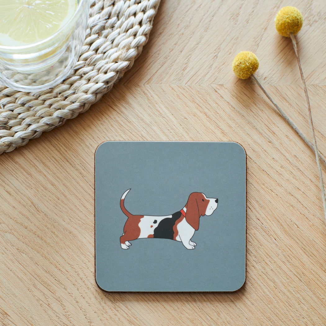 Close-up of Basset Hound coaster — sustainably sourced eucalyptus wood with cork backing, heat-resistant and easy to wipe clean