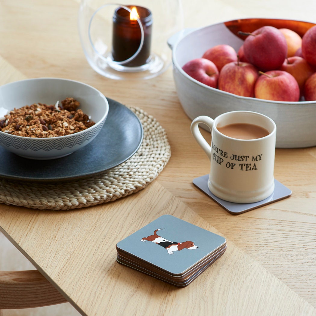 Basset Hound coaster on breakfast table — eucalyptus wood with cork backing, dog lover gift by Sweet William Designs