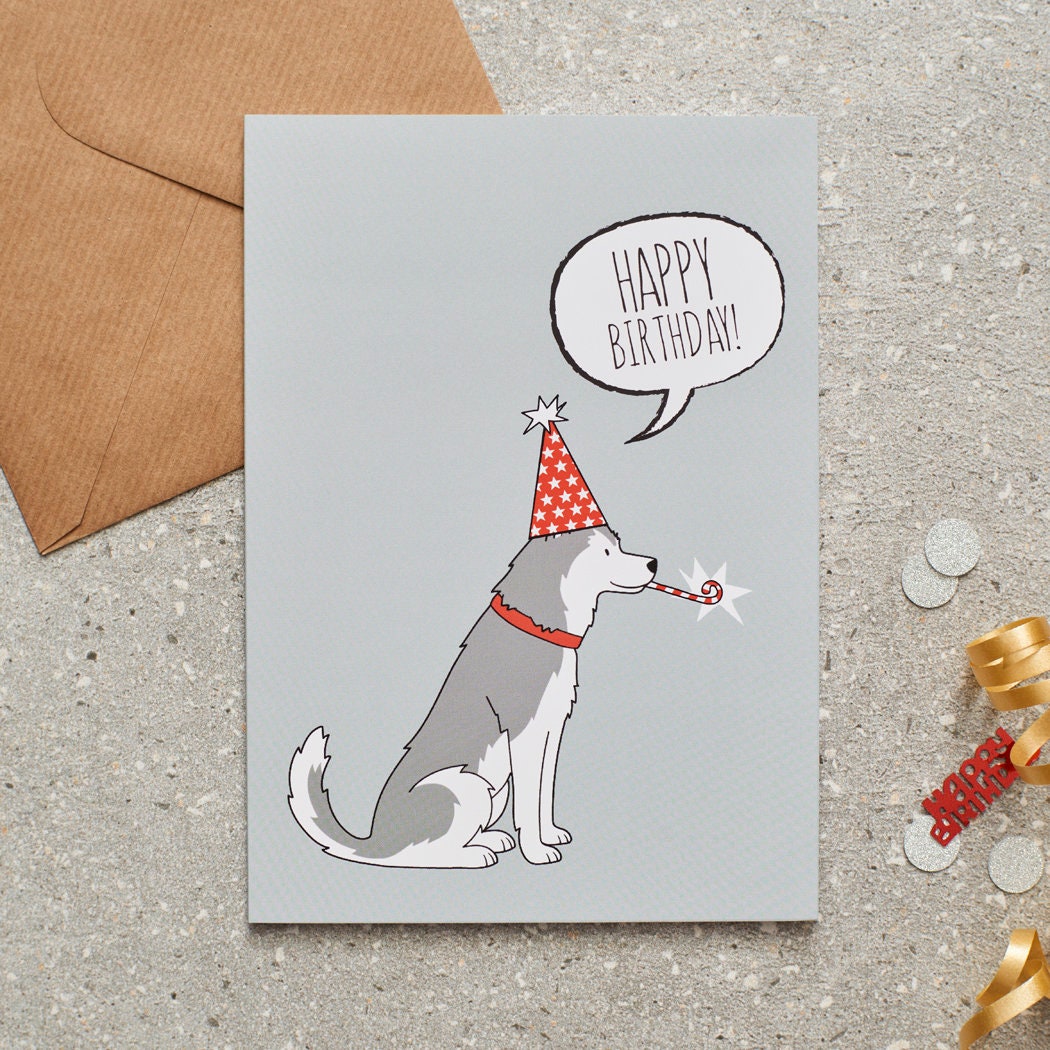 Husky / Alaskan Malamute birthday card with illustrated dog design — blank inside, FSC-certified, designed and made in England by Sweet William Designs