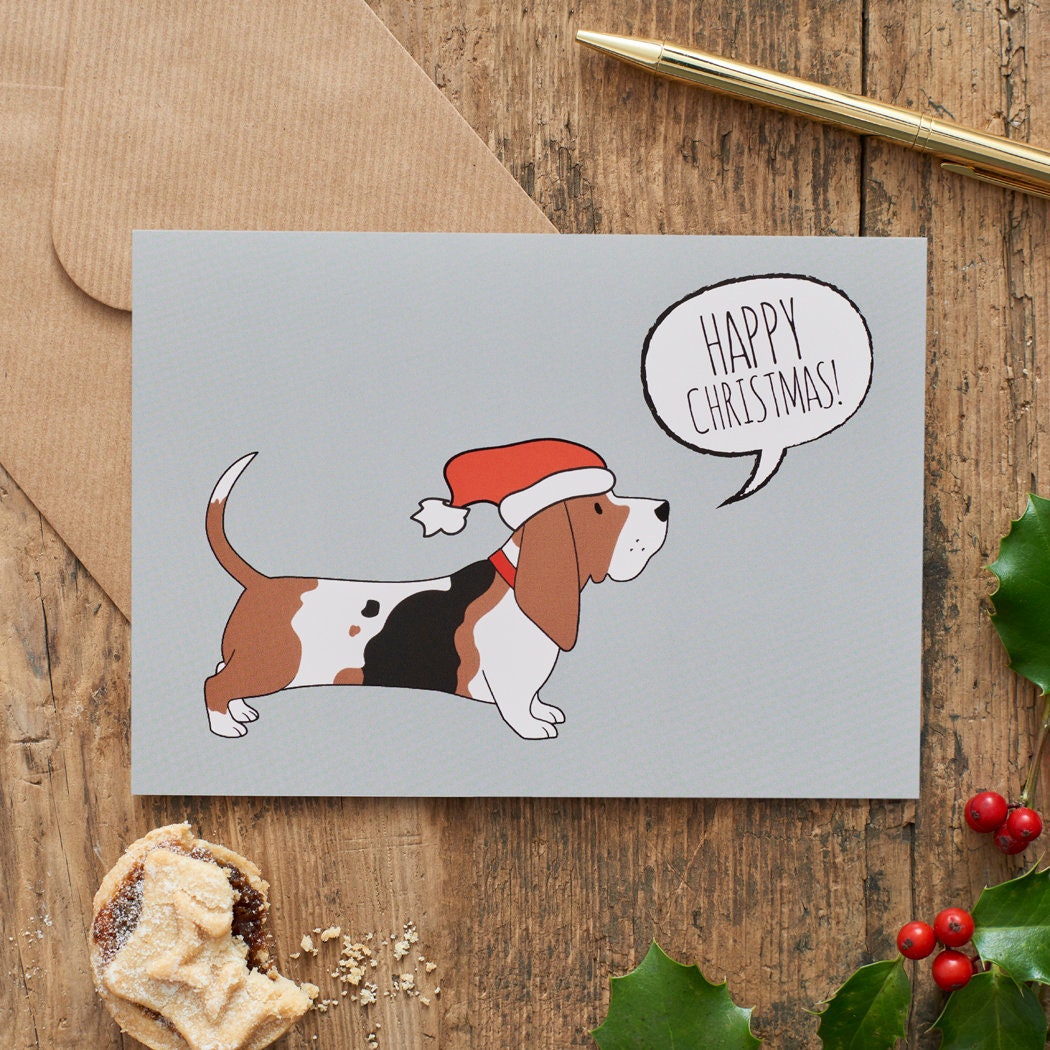 Basset Hound Christmas Card — illustrated dog lover greeting card by Sweet William Designs