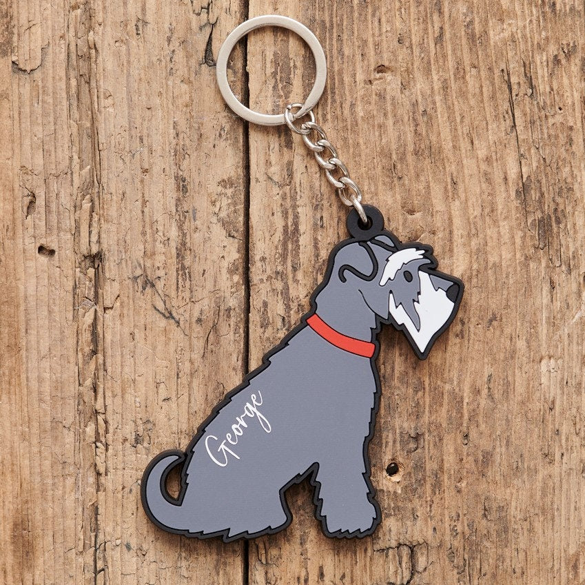 Personalised Grey Schnauzer keyring with name — perfect gift for Miniature and Standard Schnauzer owners