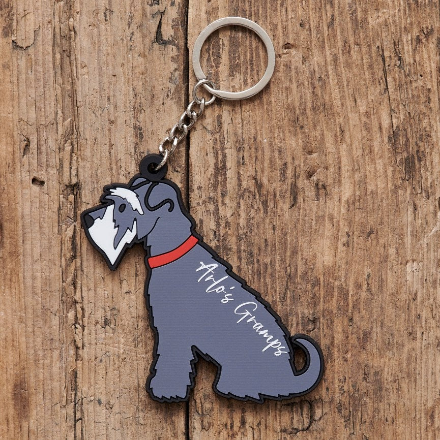 Grey Schnauzer keyring on keys — double-sided PVC charm, ideal personalised gift for Schnauzer lovers