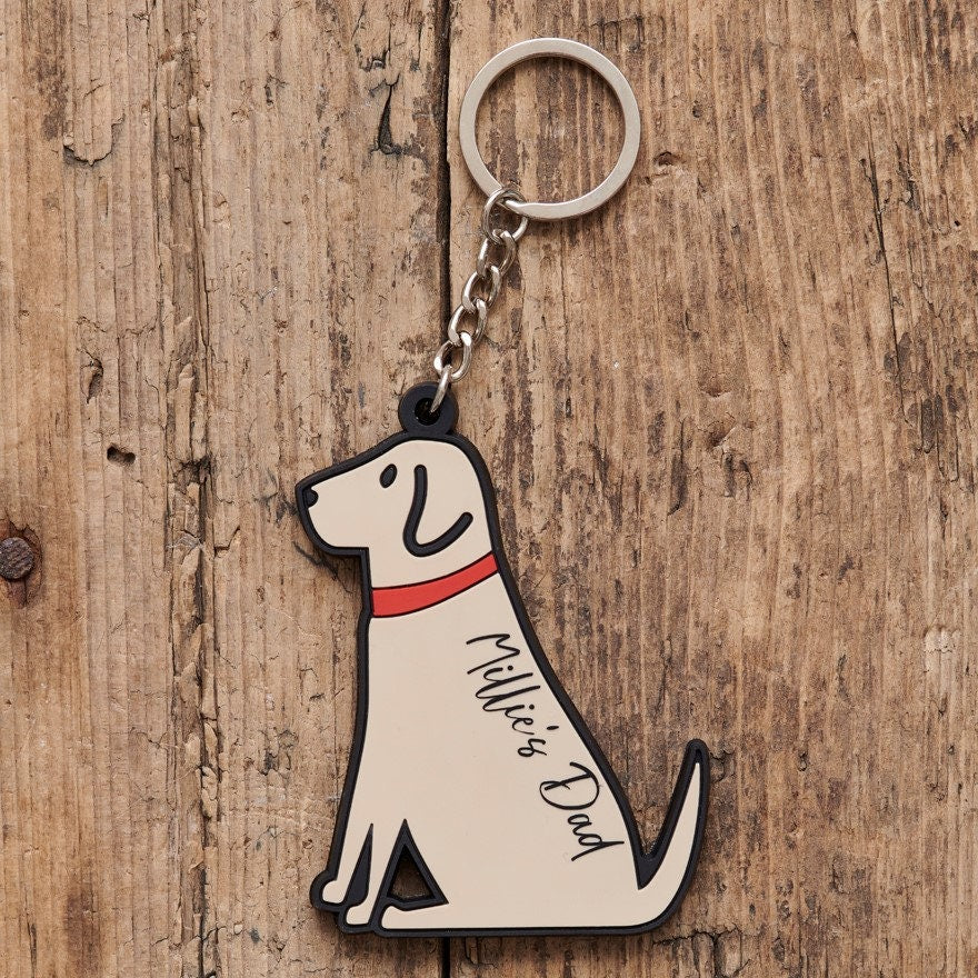 Yellow Labrador keyring shown on keys — double-sided PVC dog keyring, ideal gift for Labrador lovers