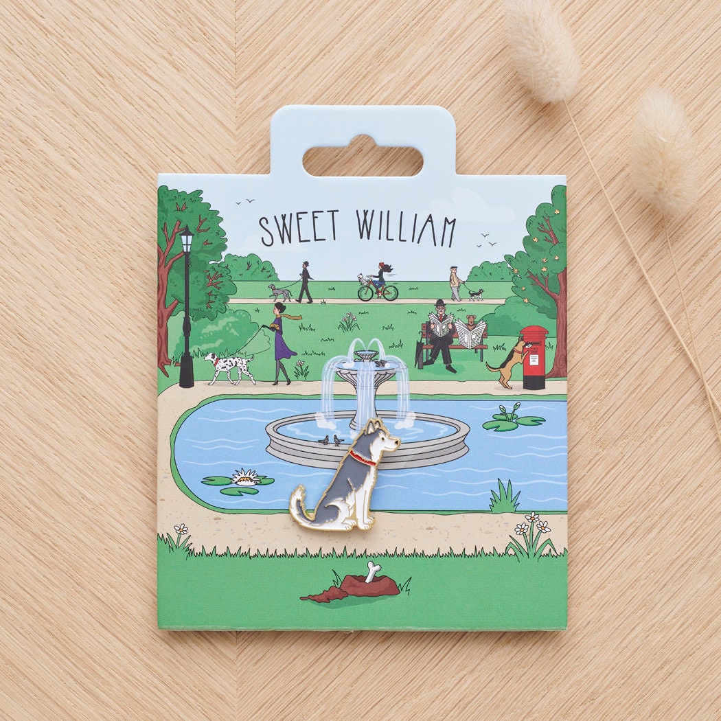 Husky / Alaskan Malamute enamel dog pin on Sweet William Designs park scene backing card — thoughtful gift for Husky / Alaskan Malamute lovers