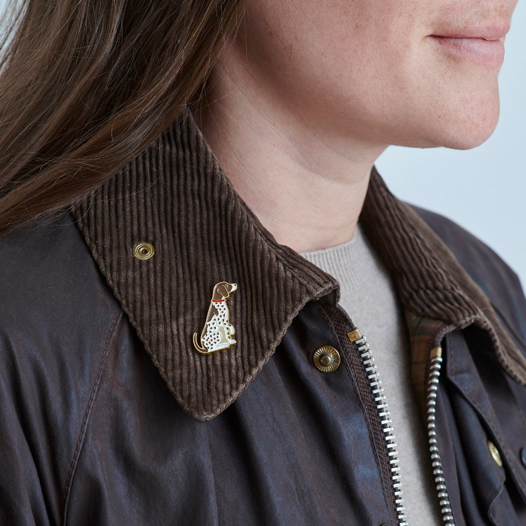 German Shorthaired Pointer enamel pin worn on a corduroy jacket collar — gold-plated dog pin, perfect gift for dog lovers