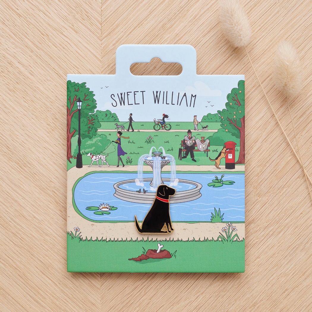 Black Labrador enamel dog pin on Sweet William Designs park scene backing card — thoughtful gift for Black Labrador lovers