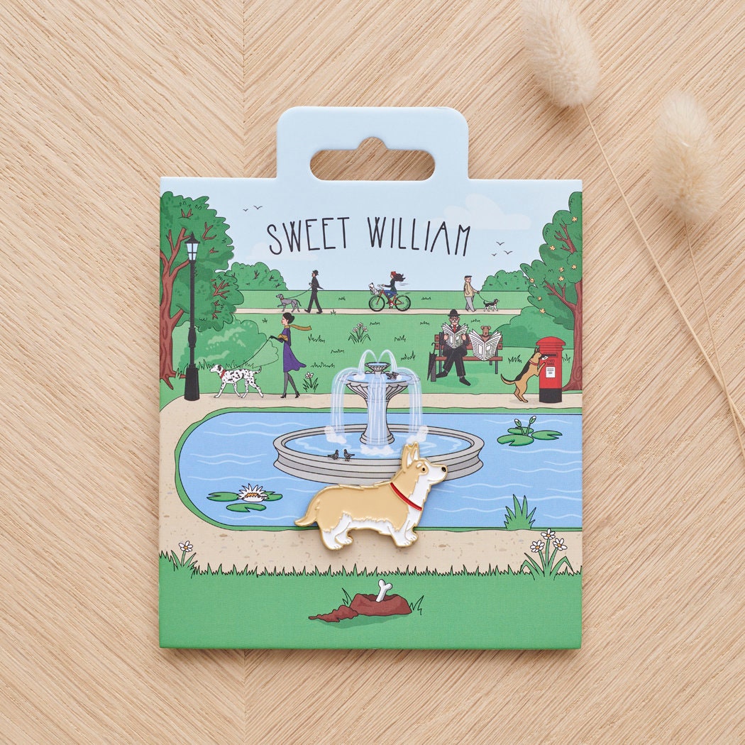 Corgi enamel dog pin on Sweet William Designs park scene backing card — thoughtful gift for Corgi lovers