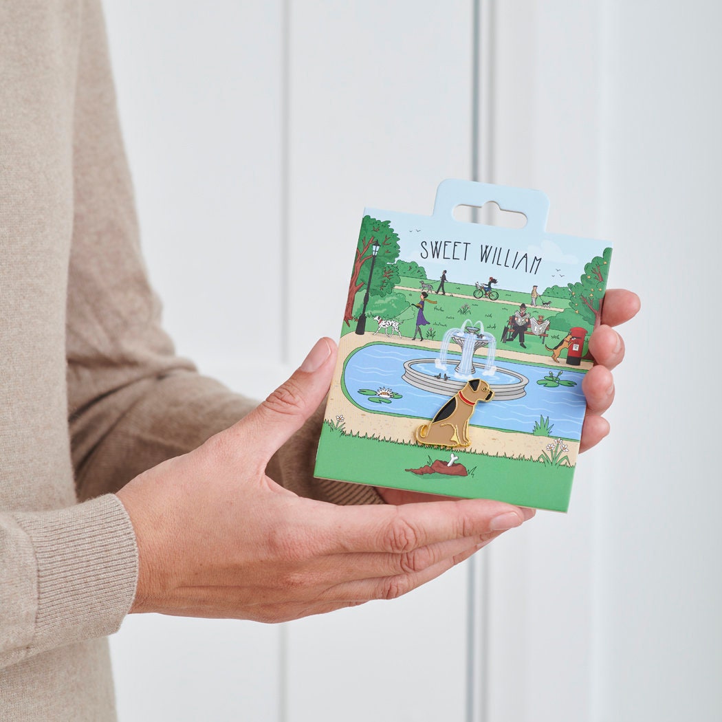 Border Terrier enamel dog pin held in hands on illustrated park backing card — gold-plated dog lover gift by Sweet William Designs