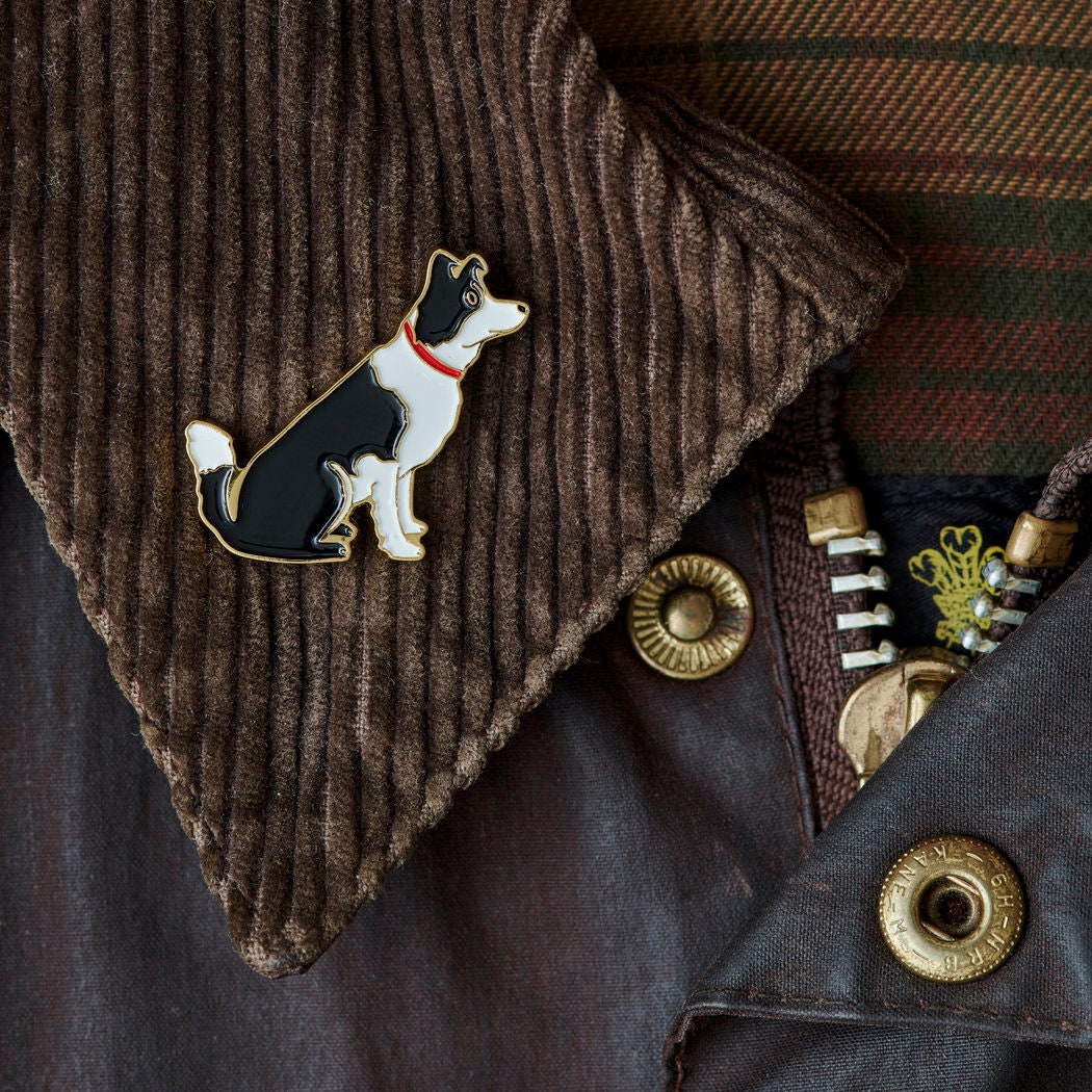 Close up of Border Collie enamel pin attached to a corduroy jacket collar — gold-plated dog pin, perfect gift for dog lovers