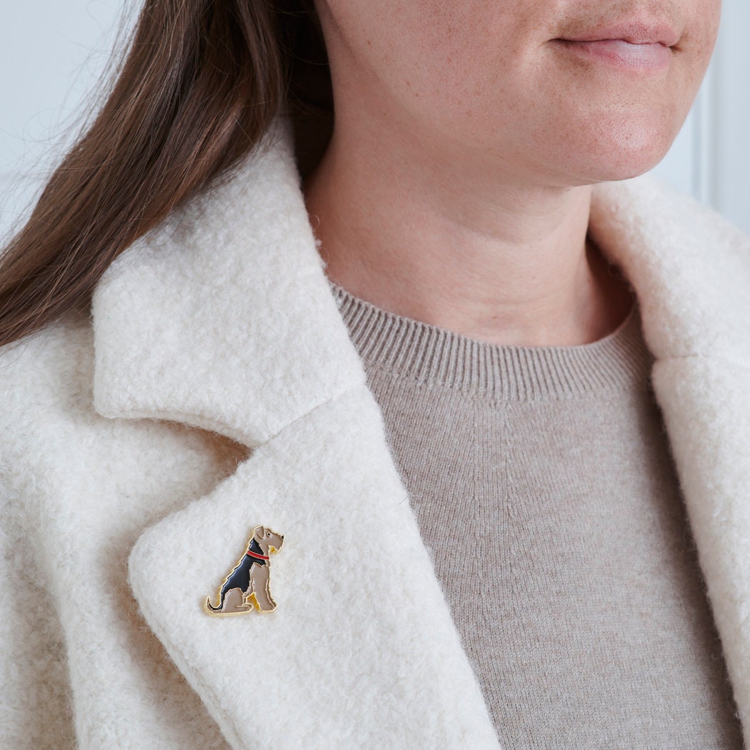 Airedale / Lakeland / Welsh Terrier enamel pin worn on a wool jacket collar — gold-plated dog pin, perfect gift for dog lovers