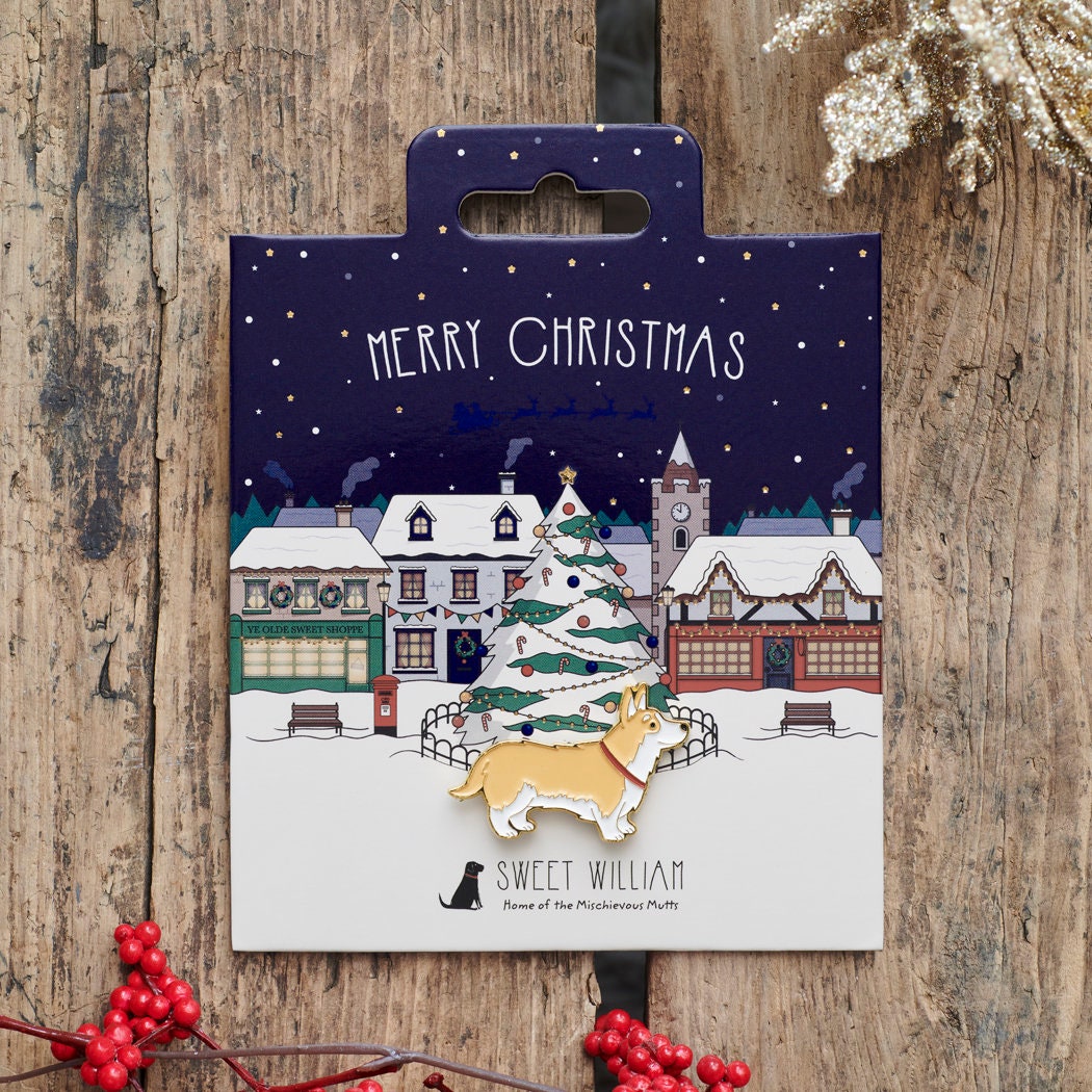 Corgi Christmas dog pin on festive village backing card — gold-plated enamel dog lover gift by Sweet William Designs