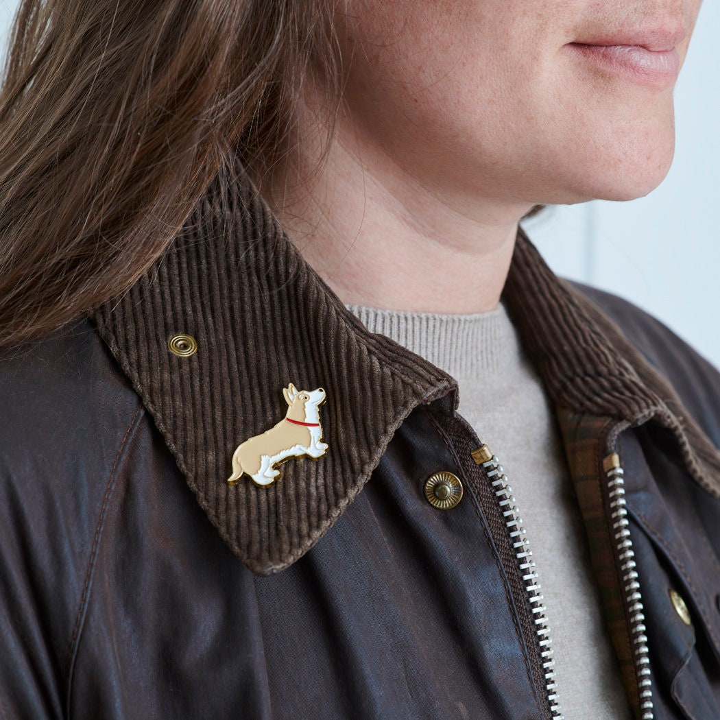 Corgi enamel pin worn on a wax jacket collar — gold-plated dog pin, Christmas gift for Corgi lovers