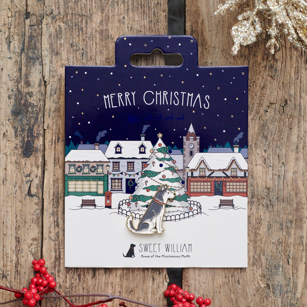 Husky / Alaskan Malamute Christmas dog pin on festive village backing card — gold-plated enamel dog lover gift by Sweet William Designs