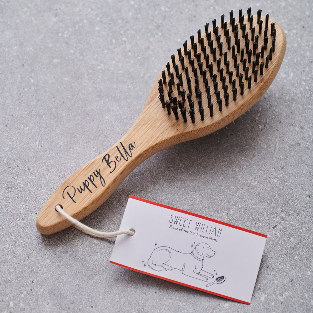 Bamboo double sided dog brush personalised with puppy name — new puppy gift by Sweet William Designs