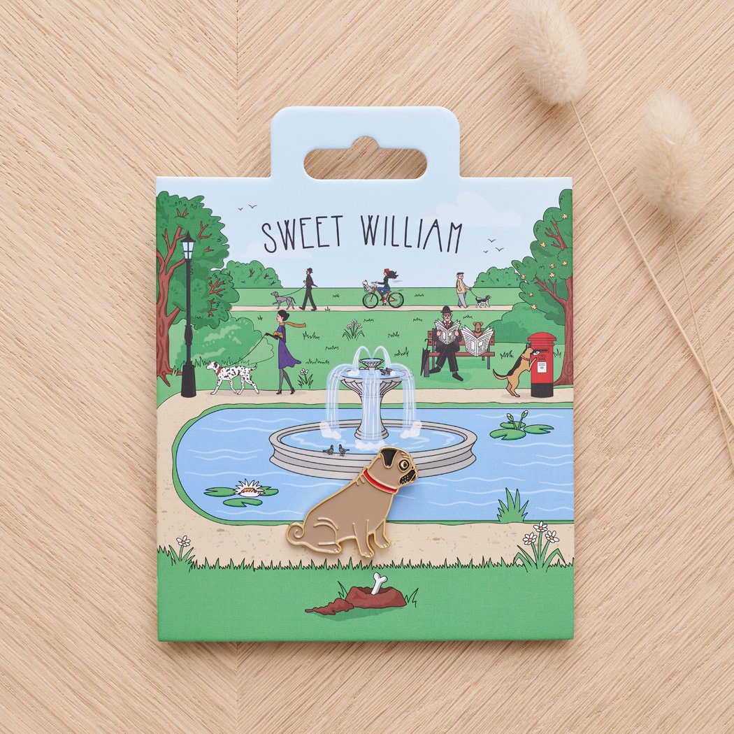 Pug enamel dog pin on Sweet William Designs park scene backing card — thoughtful gift for Pug lovers