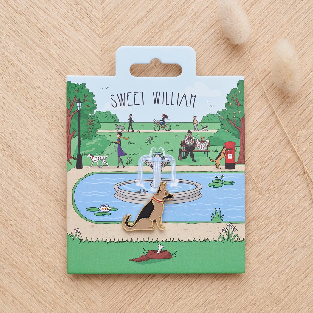 German Shepherd enamel dog pin on Sweet William Designs park scene backing card — thoughtful gift for German Shepherd lovers