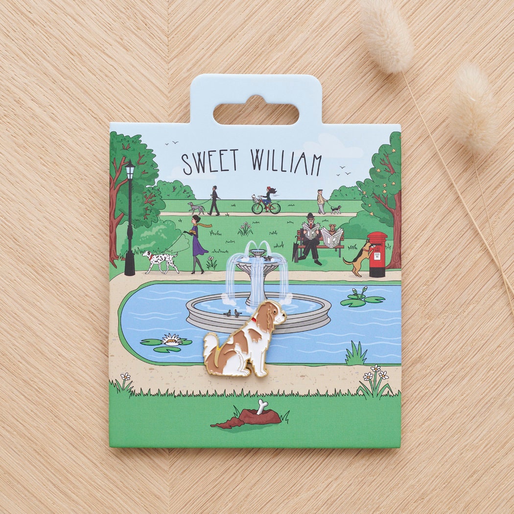Cavalier King Charles Spaniel enamel dog pin on Sweet William Designs park scene backing card — thoughtful gift for Cavalier lovers