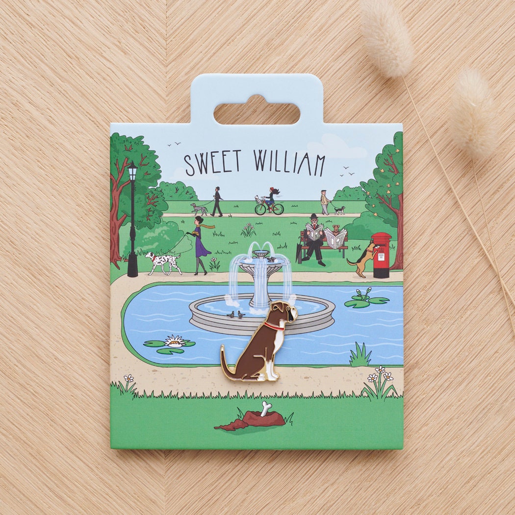Boxer enamel dog pin on Sweet William Designs park scene backing card — thoughtful gift for Boxer lovers