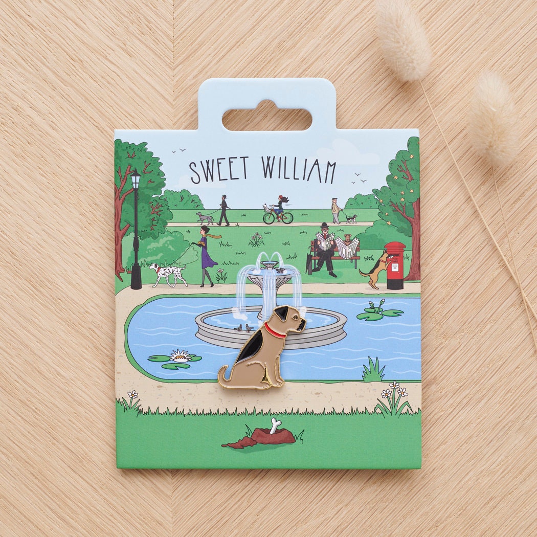 Border Terrier enamel dog pin on Sweet William Designs park scene backing card — thoughtful gift for Border Terrier lovers