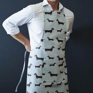 Dachshund apron in organic cotton canvas with screen-printed Sausage Dog repeat pattern — gift for Dachshund lovers by Sweet William Designs