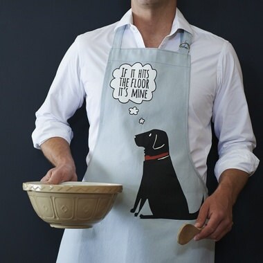 Black Labrador apron in organic cotton canvas with screen-printed “If it hits the floor it's mine” design — a gift for Black Lab lovers by Sweet William Designs