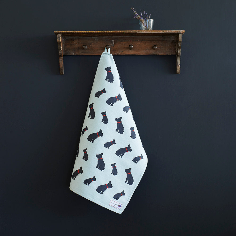 French Bulldog tea towel in thick organic cotton — screen printed French Bulldog illustration, kitchen gift for dog lovers by Sweet William Designs