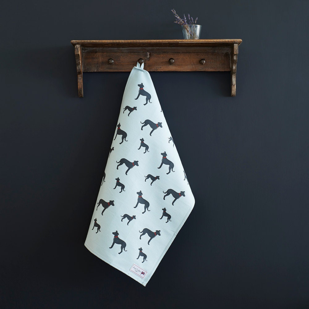 Lurcher tea towel in thick organic cotton — screen printed Lurcher illustration, kitchen gift for dog lovers by Sweet William Designs