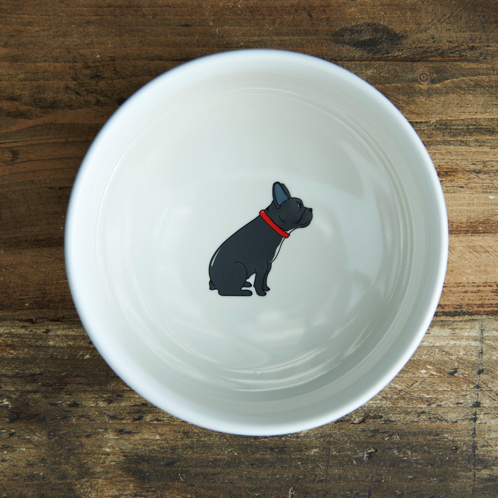 Inside view of French Bulldog dog bowl — ceramic bowl with French Bulldog illustration on the inside, dishwasher and microwave safe