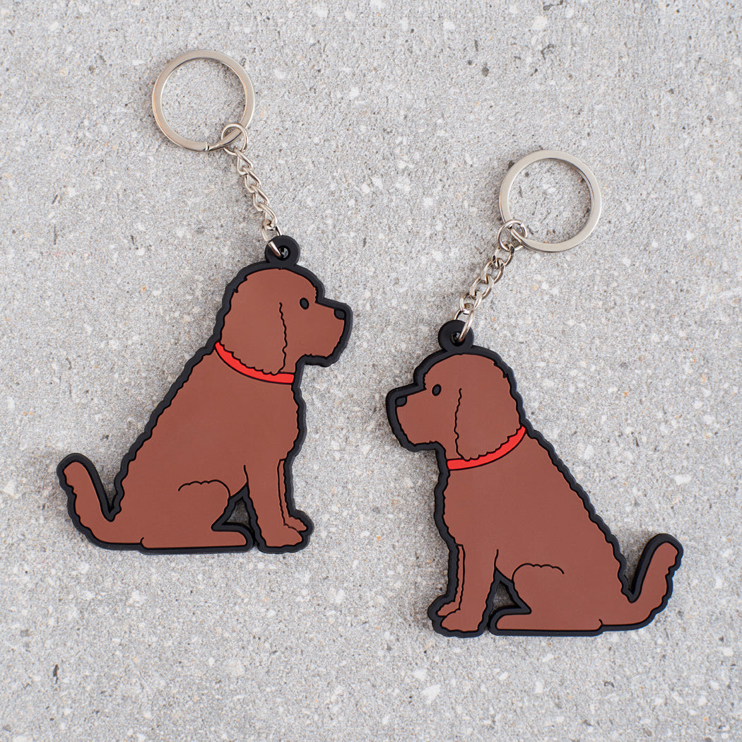 Chocolate Cockapoo / Labradoodle keyring showing both sides — double-sided PVC design with Sweet William's classic illustration