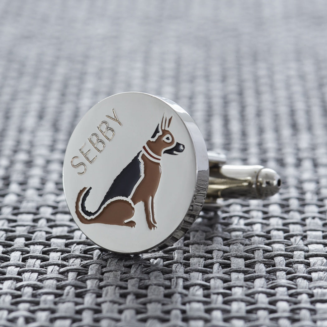 Close-up of personalised German Shepherd cufflink engraved with name — silver-plated brass, thoughtful gift for German Shepherd owners