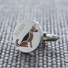 Close-up of personalised German Shepherd cufflink engraved with name — silver-plated brass, thoughtful gift for German Shepherd owners