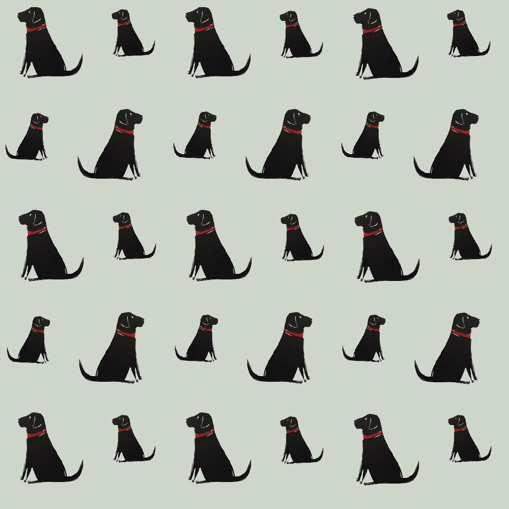 Close-up of Black Labrador wallpaper — illustrated Labradors with red collars on sage green, by Sweet William Designs