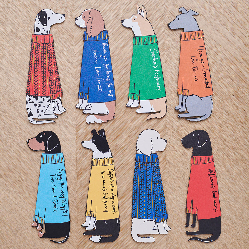Personalised dog breed bookmarks laid flat showing custom messages — vegan PU leather dog lover gifts by Sweet William Designs