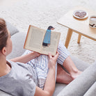 Woman reading a book with a Dachshund bookmark and matching Dachshund mug by Sweet William Designs