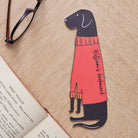 Personalised Black Labrador bookmark laid flat showing custom messages — vegan PU leather dog lover gifts by Sweet William Designs