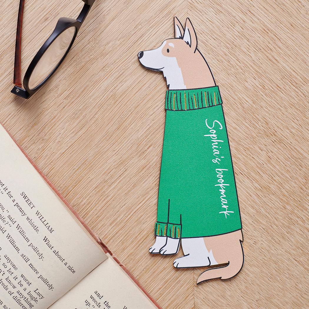 Personalised Corgi bookmark laid flat showing custom messages — vegan PU leather dog lover gifts by Sweet William Designs