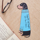 Personalised Dachshund bookmark laid flat showing custom messages — vegan PU leather dog lover gifts by Sweet William Designs