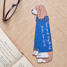 Personalised Cavalier King Charles Spaniel bookmark laid flat showing custom messages — vegan PU leather dog lover gifts by Sweet William Designs